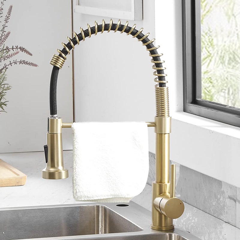 OWOFAN Kitchen Faucets with Pull Down Sprayer 304 Stainless Steel Industrial Single Handle One Hole Faucet for Farmhouse Camper Laundry Utility Rv Wet Bar Sinks Gold 9009K - Image 2